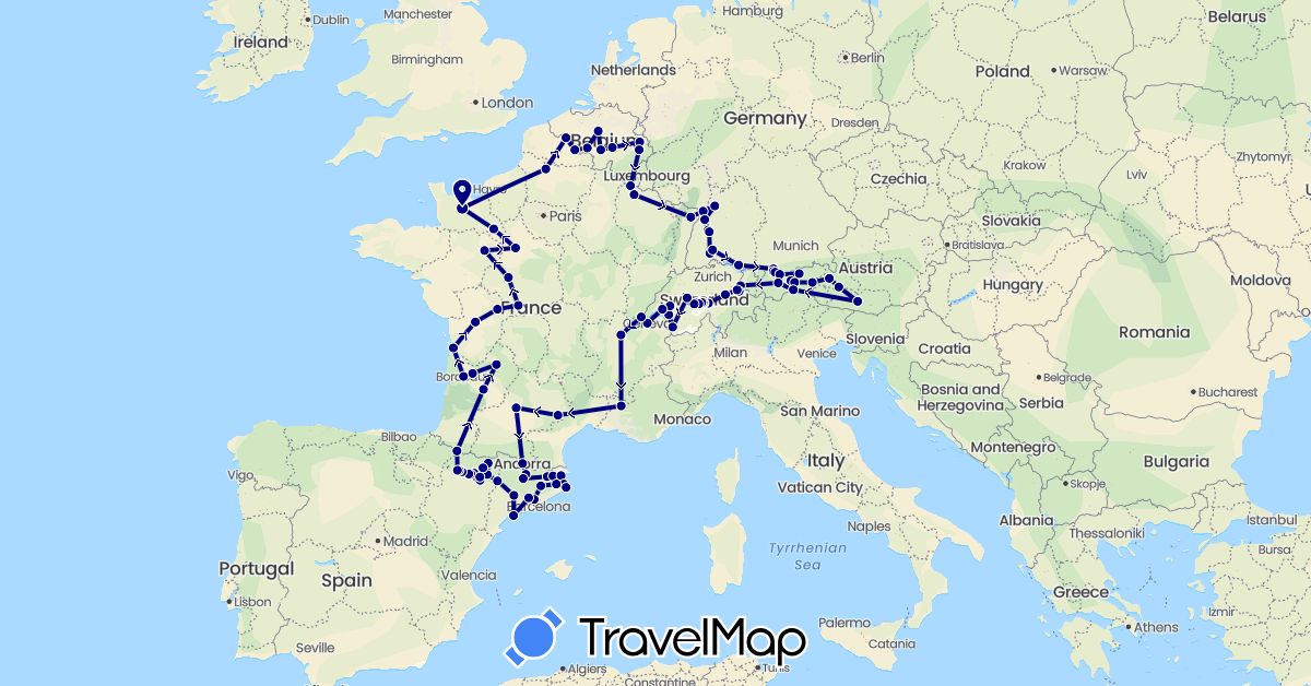 TravelMap itinerary: driving in Andorra, Austria, Belgium, Switzerland, Germany, Spain, France, Liechtenstein (Europe)
